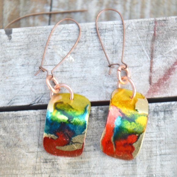 Conceptual Subculture Jewelry - Colorful Rainbow Brass Long Drop Earrings Handmade Copper Dangle Rustic Gift